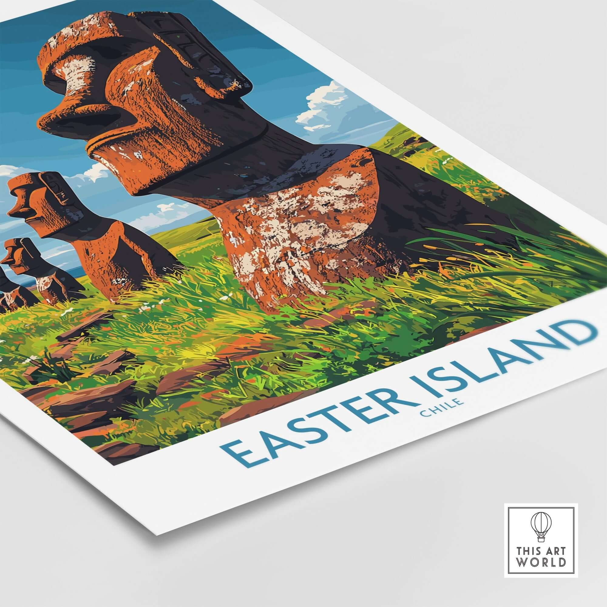 Easter Island Art Print featuring vibrant moai statues and lush landscape, perfect for art enthusiasts and decor lovers.