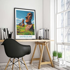 Easter Island Art Print displayed in a stylish home office setting, featuring moai statues and vibrant colors.