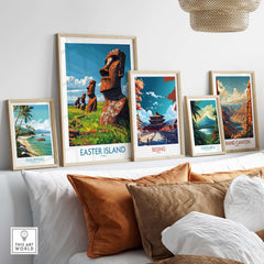 Easter Island Art Print featuring vibrant moai statues in a stylish frame arrangement on a cozy couch.