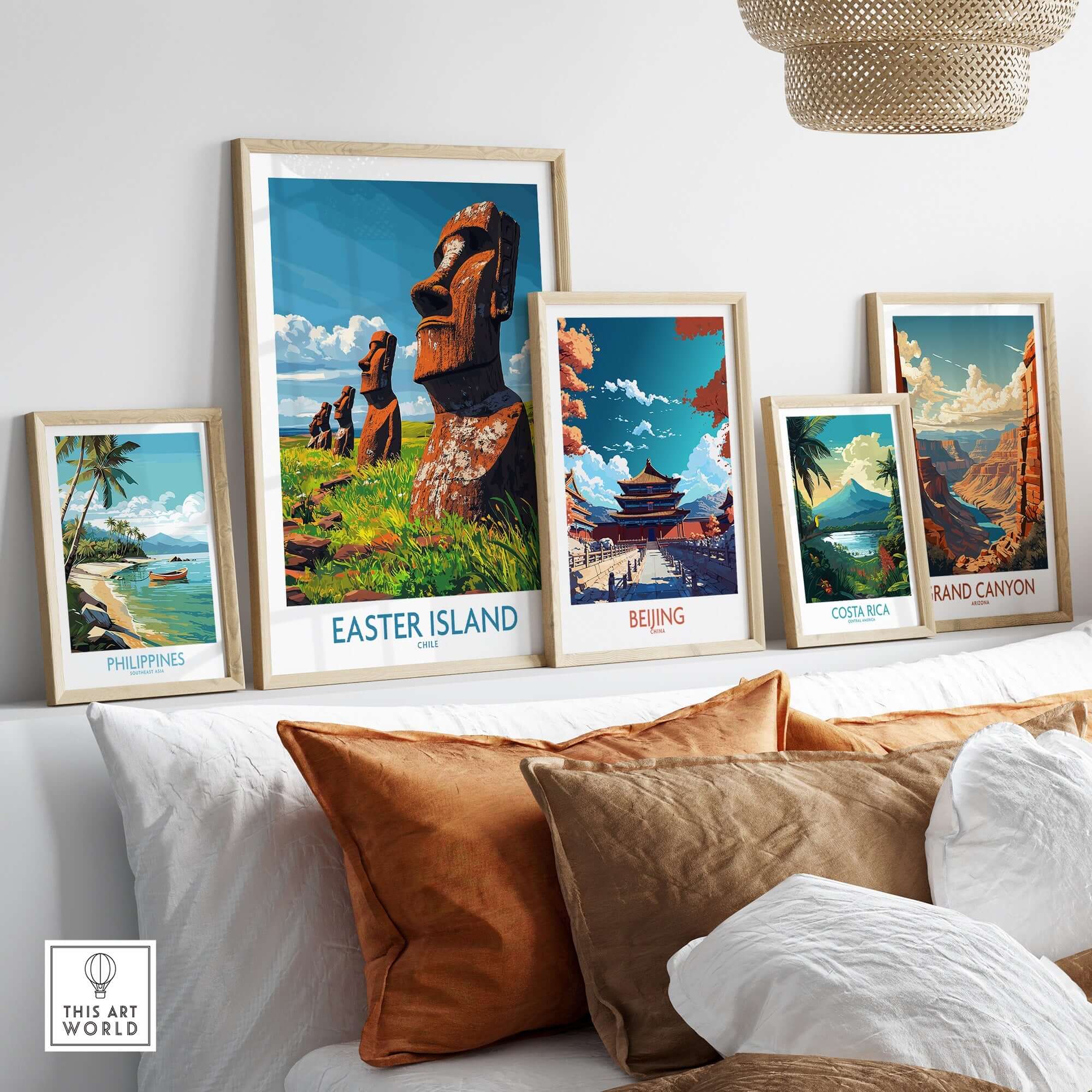 Easter Island Art Print featuring vibrant moai statues in a stylish frame arrangement on a cozy couch.