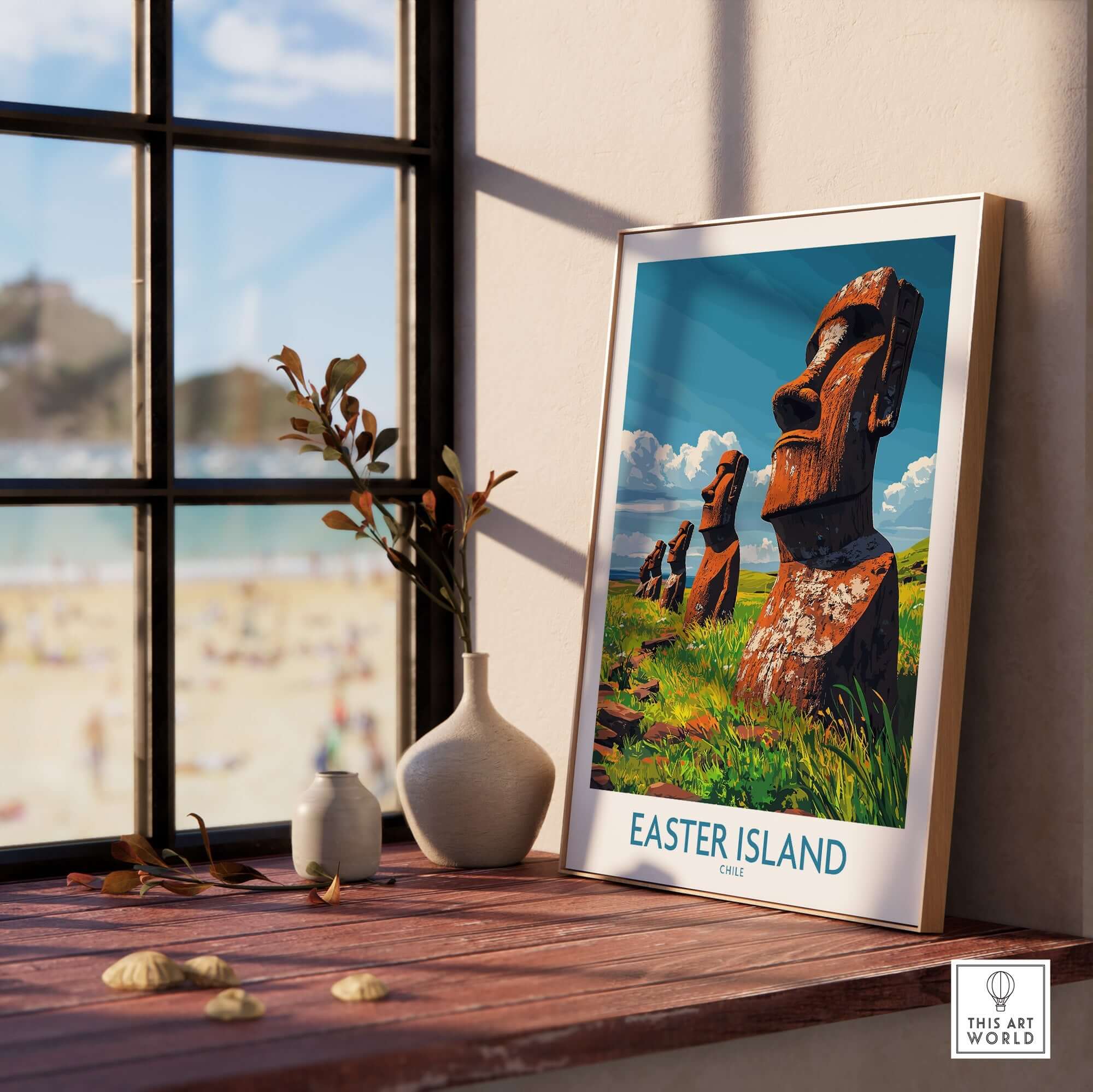 Easter Island Art Print featuring moai statues in a vibrant and colorful setting by a window.