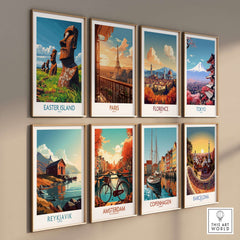 Easter Island Art Print featuring iconic moai statues and stunning landscapes in vibrant colors.