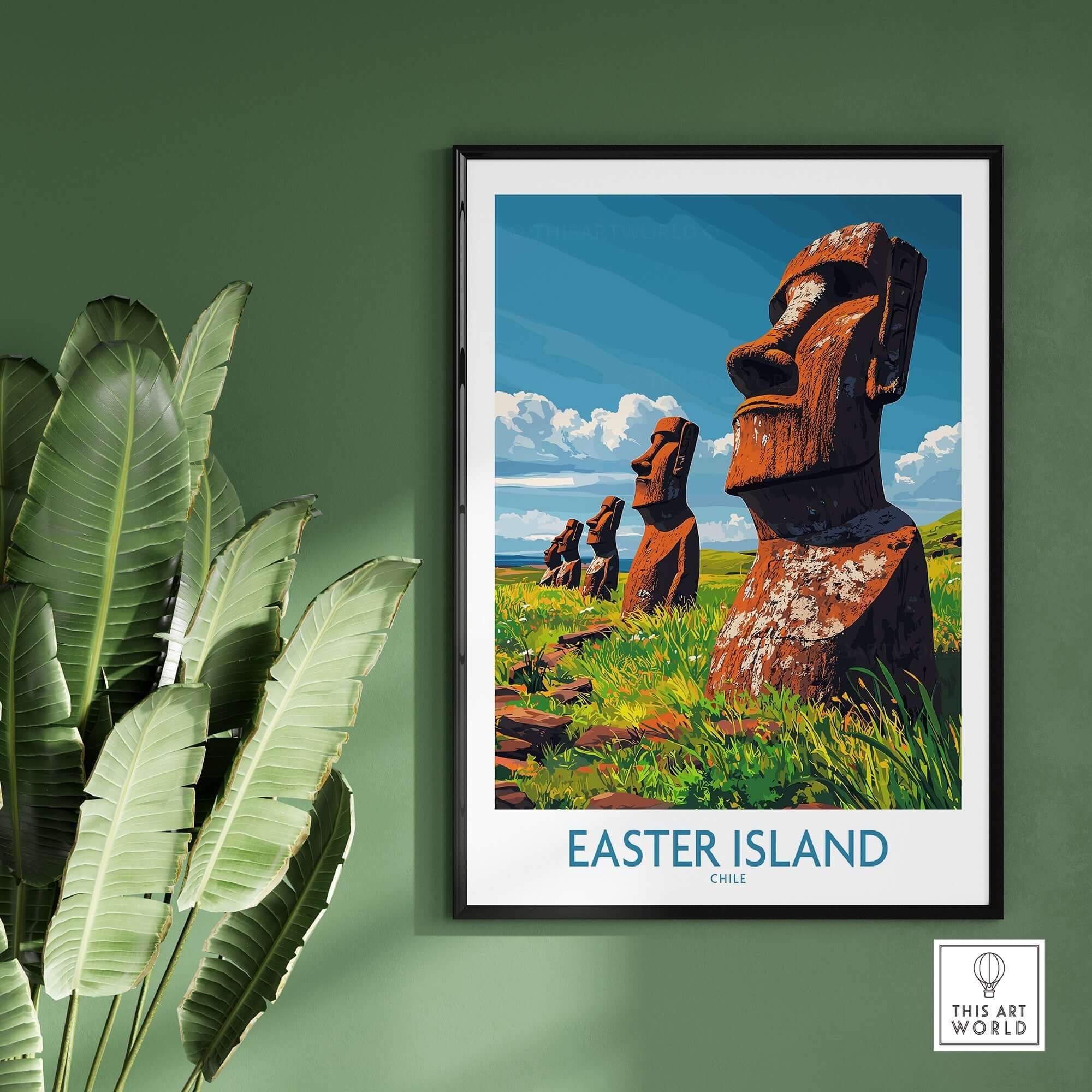 Easter Island Art Print featuring iconic moai statues in a vibrant landscape with the title and location.