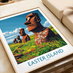 Easter Island Art Print featuring vibrant moai statues and lush greenery, perfect for adding exotic beauty to any space.
