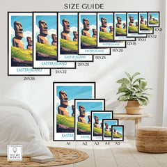 Easter Island Travel Poster size guide showing various dimensions and the beautiful landscape of Easter Island.