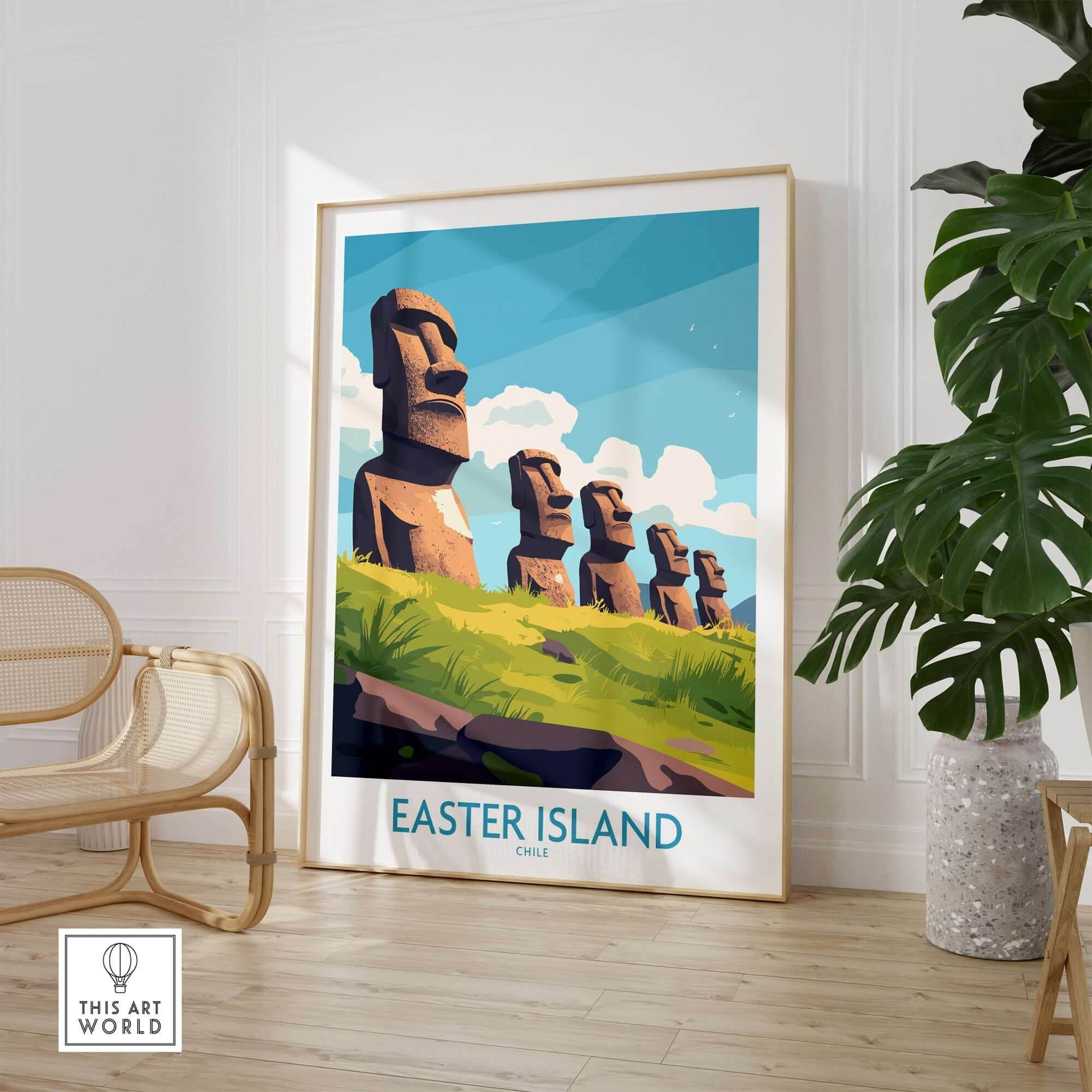 Easter Island Travel Poster featuring iconic Moai statues and vibrant landscapes, perfect for home decor.
