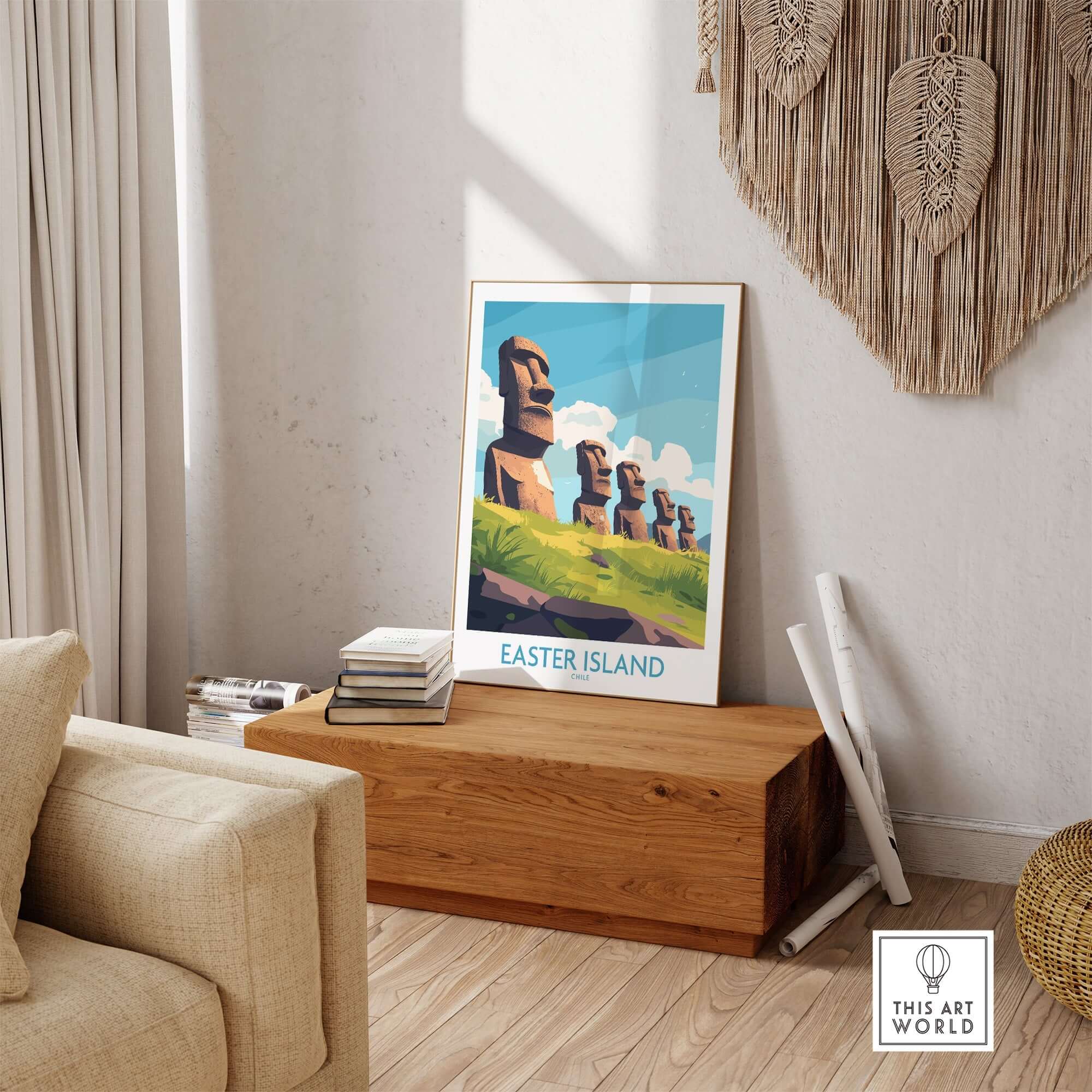 Easter Island Travel Poster showcasing iconic Moai statues in a bright and inviting living room decor.