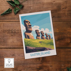 Easter Island Travel Poster featuring iconic Moai statues against a vibrant sky and green landscape.