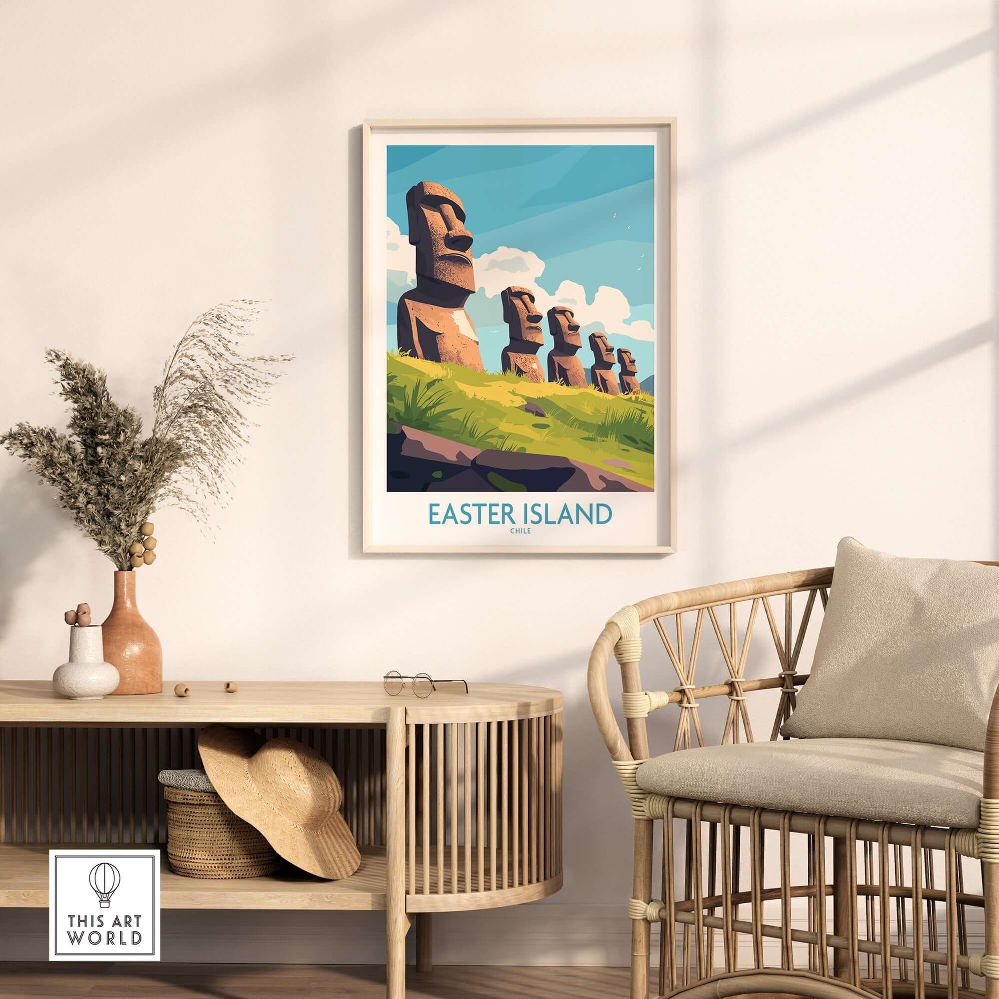 Easter Island Travel Poster featuring iconic Moai statues and vibrant landscapes.