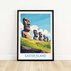 Easter Island Travel Poster featuring iconic Moai statues set against a bright blue sky and lush green landscape.