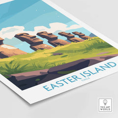 Easter Island Travel Poster featuring iconic moai statues and lush landscapes.