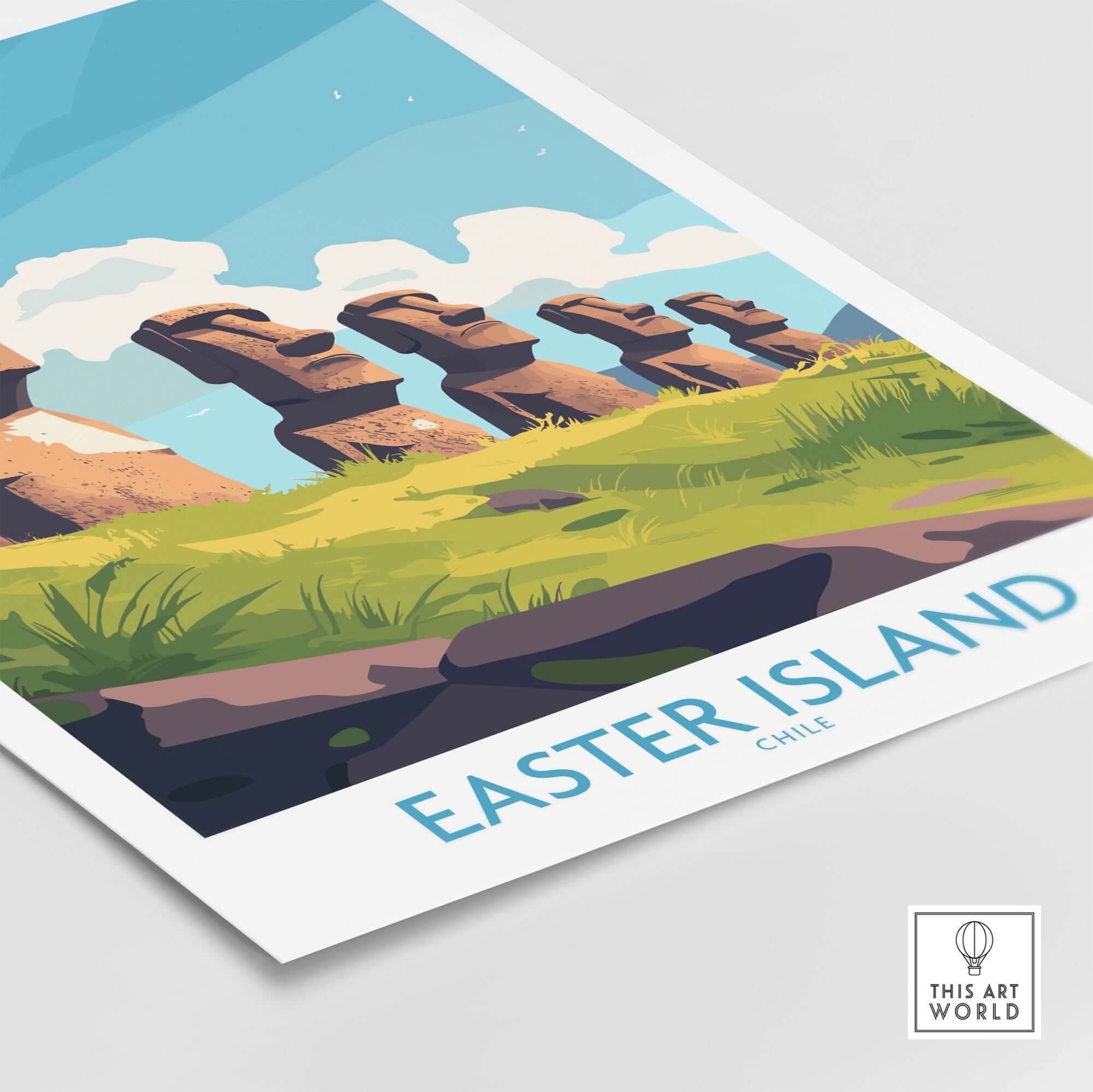 Easter Island Travel Poster featuring iconic moai statues and lush landscapes.
