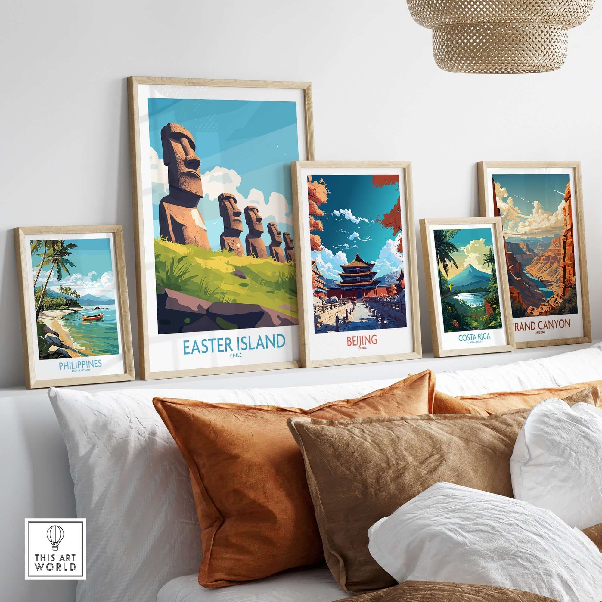 Easter Island Travel Poster featured among other travel posters in a stylish home decor setting.
