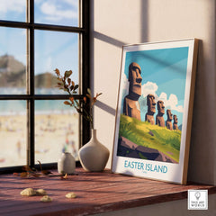 Easter Island Travel Poster featuring iconic Moai statues, perfect for home decor and travel enthusiasts.