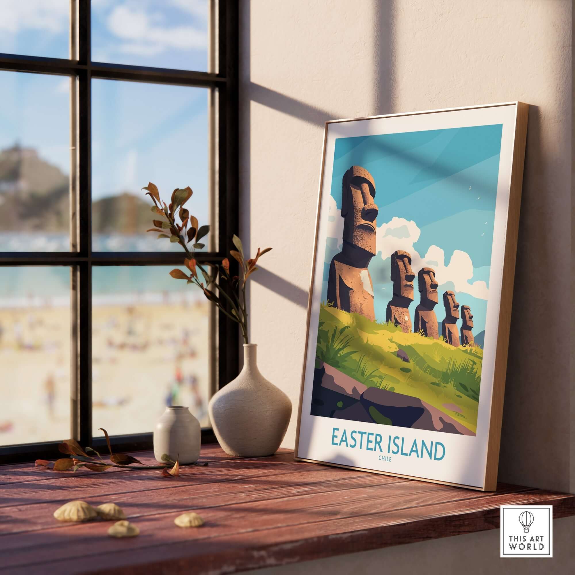 Easter Island Travel Poster featuring iconic Moai statues, perfect for home decor and travel enthusiasts.