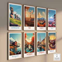 Easter Island Travel Poster featuring Moai statues alongside travel posters of other famous cities.