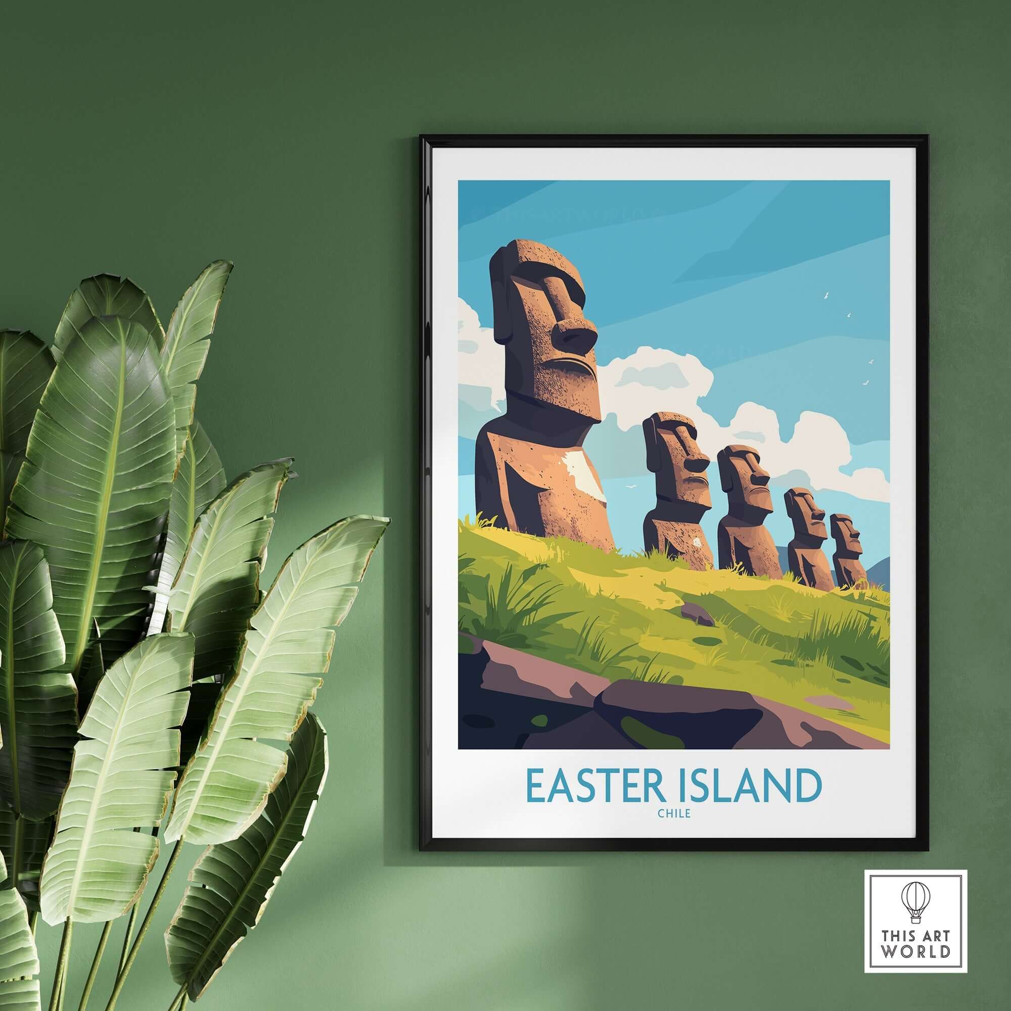 Easter Island Travel Poster showcasing iconic Moai statues against a vibrant sky in front of lush greenery.