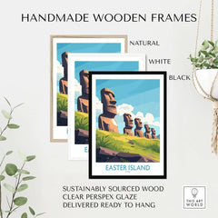 Easter Island Travel Poster framed in handmade wooden frames, featuring natural, white, and black options for wall decor.