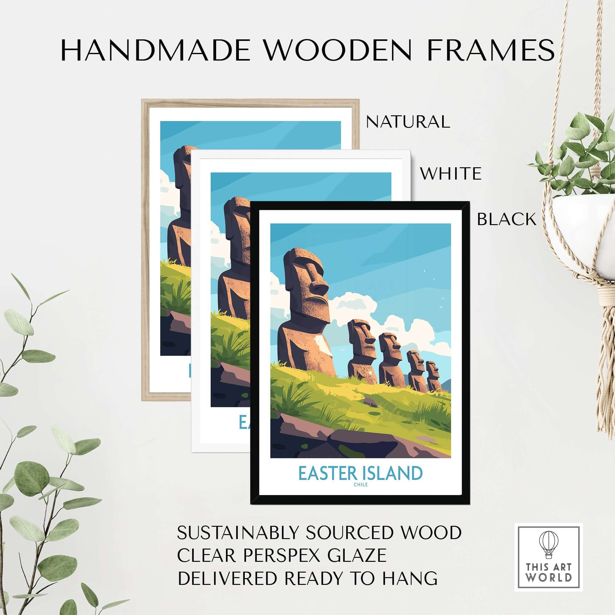 Easter Island Travel Poster framed in handmade wooden frames, featuring natural, white, and black options for wall decor.