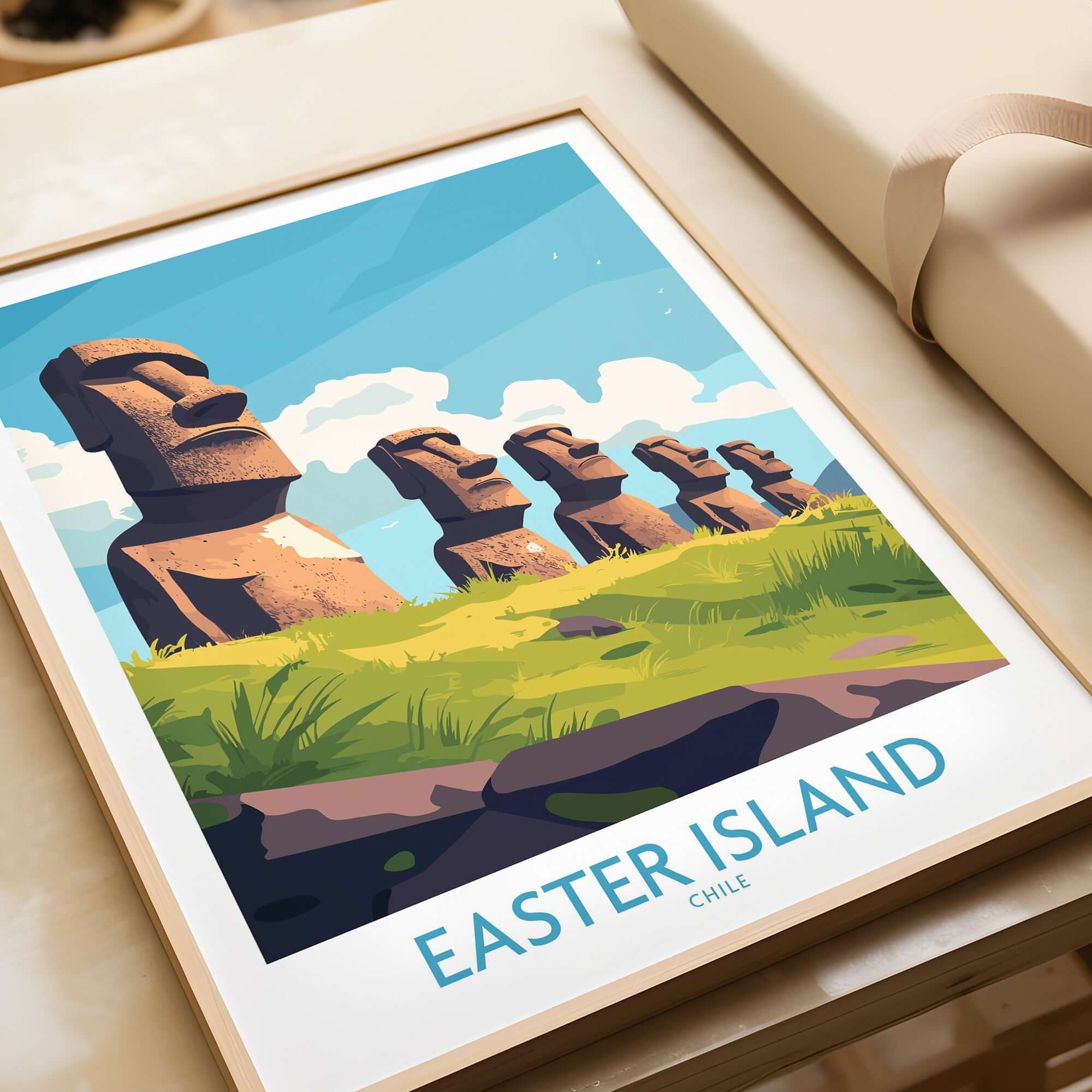 Easter Island Travel Poster featuring iconic moai statues and lush landscape in vibrant colors.