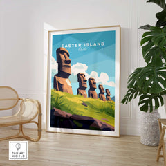 Easter Island Travel Print featuring iconic Moai statues and vibrant scenery of Easter Island.
