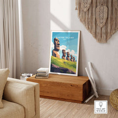 Easter Island Travel Print showcasing iconic Moai statues in vibrant colors, perfect for travel enthusiasts.