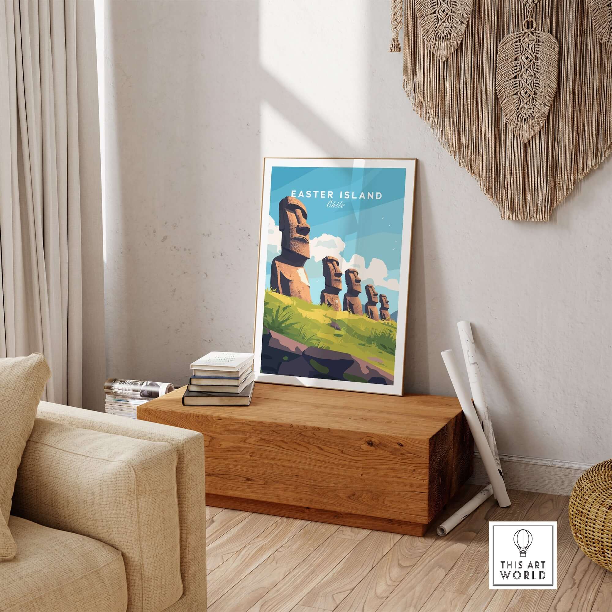 Easter Island Travel Print showcasing iconic Moai statues in vibrant colors, perfect for travel enthusiasts.