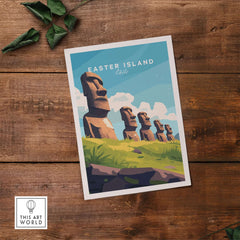 Easter Island Travel Print featuring iconic moai statues against a vibrant blue sky.