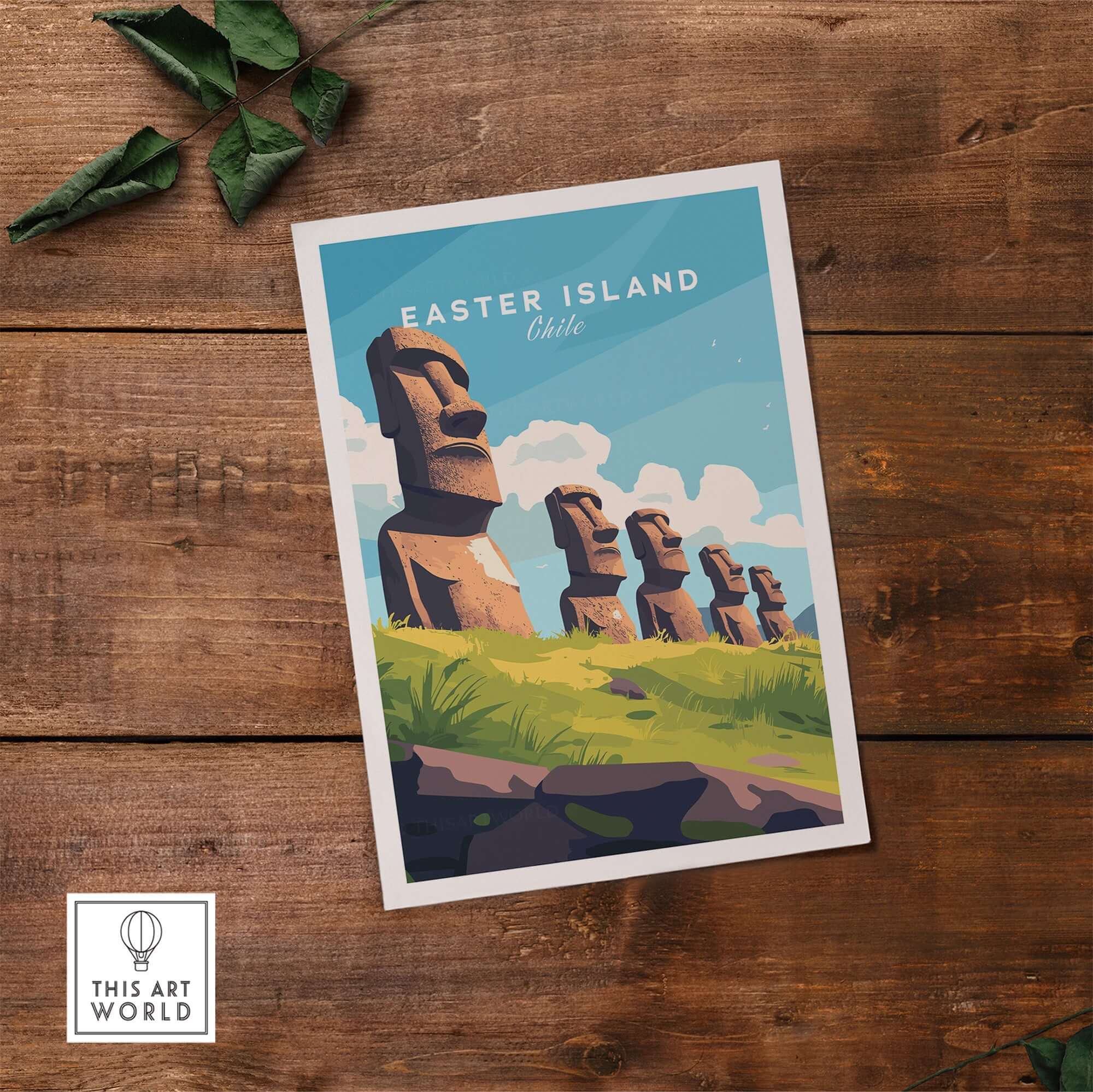 Easter Island Travel Print featuring iconic moai statues against a vibrant blue sky.