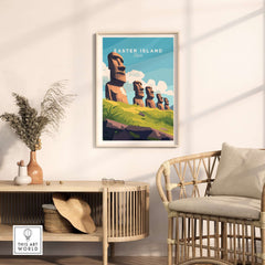 Easter Island Travel Print featuring iconic moai statues in a bright, modern design, perfect for travel enthusiasts.