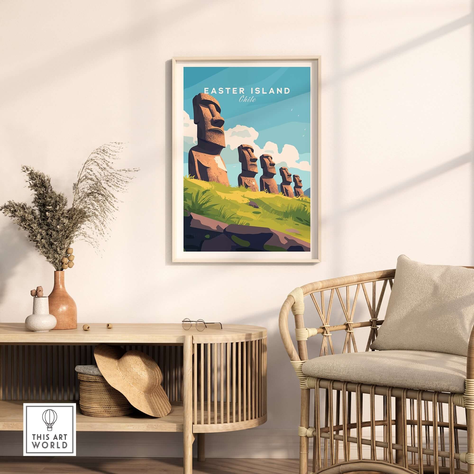 Easter Island Travel Print featuring iconic moai statues in a bright, modern design, perfect for travel enthusiasts.
