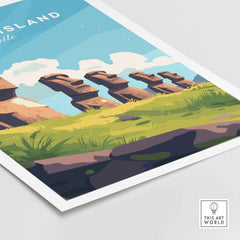 Easter Island Travel Print featuring iconic Moai statues and vibrant landscape.