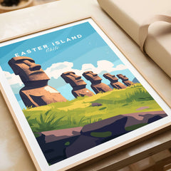 Easter Island Travel Print featuring iconic moai statues and lush green landscapes.