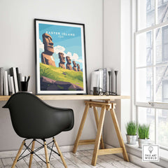 Easter Island Travel Print showcasing iconic Moai statues in a stylish home office setting.