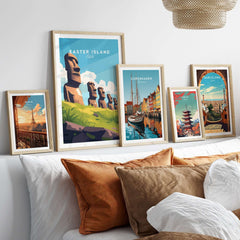 Easter Island Travel Print featured among other travel prints in a cozy interior setting.