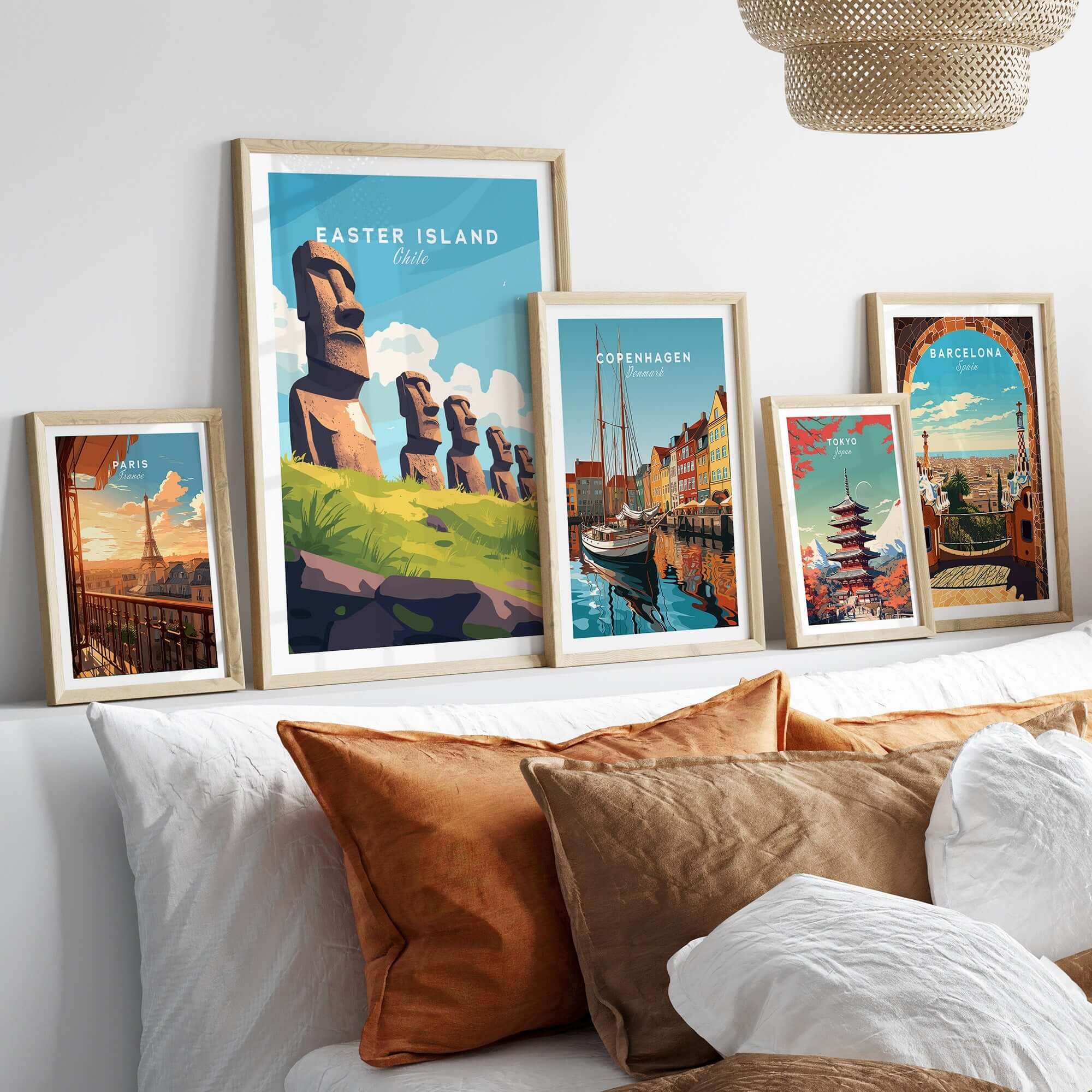 Easter Island Travel Print featured among other travel prints in a cozy interior setting.