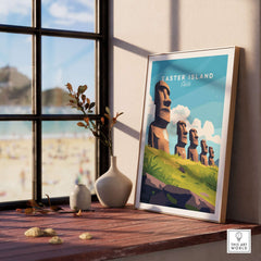 Easter Island Travel Print displayed in a sunlit room, capturing the iconic Moai statues and tropical scenery.