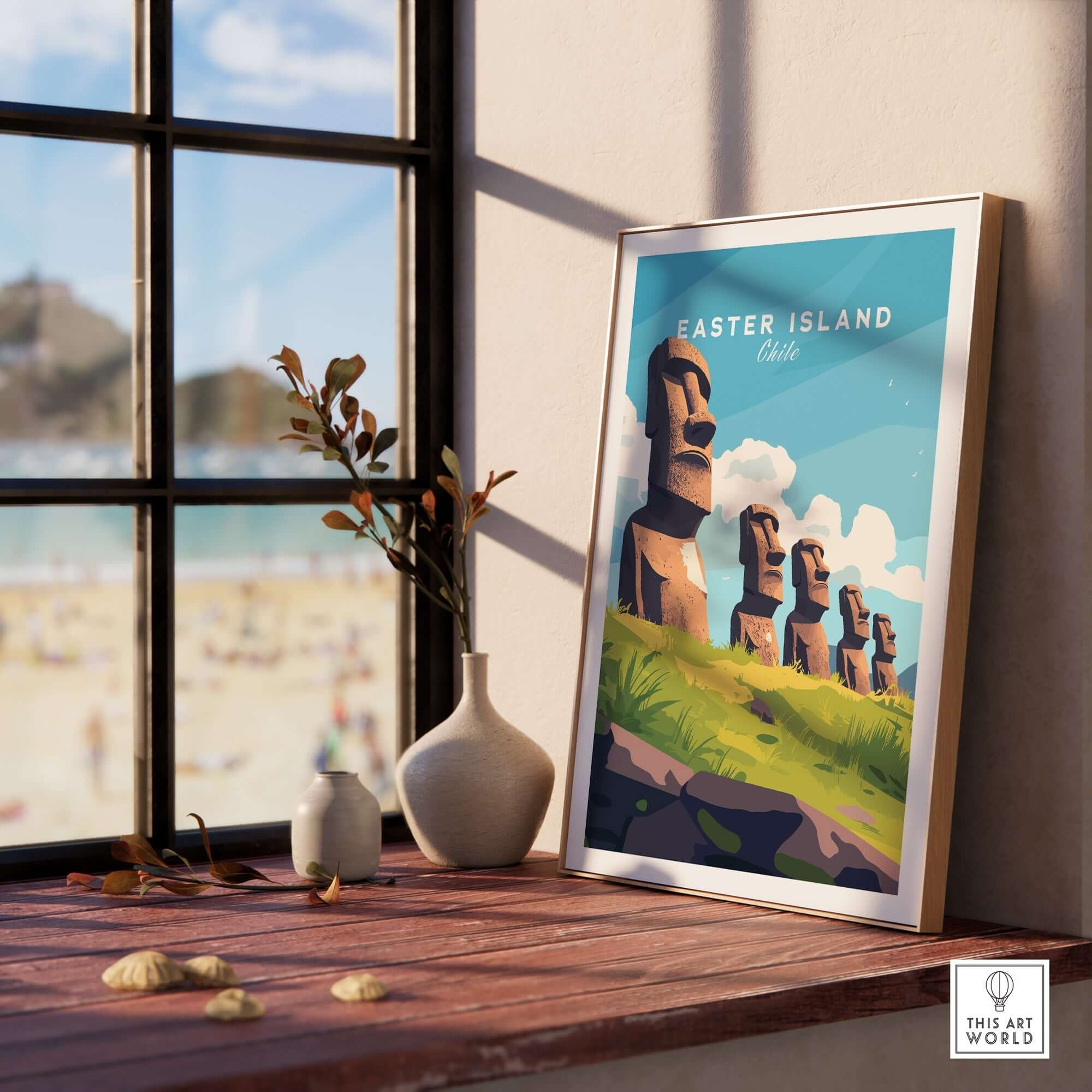 Easter Island Travel Print displayed in a sunlit room, capturing the iconic Moai statues and tropical scenery.