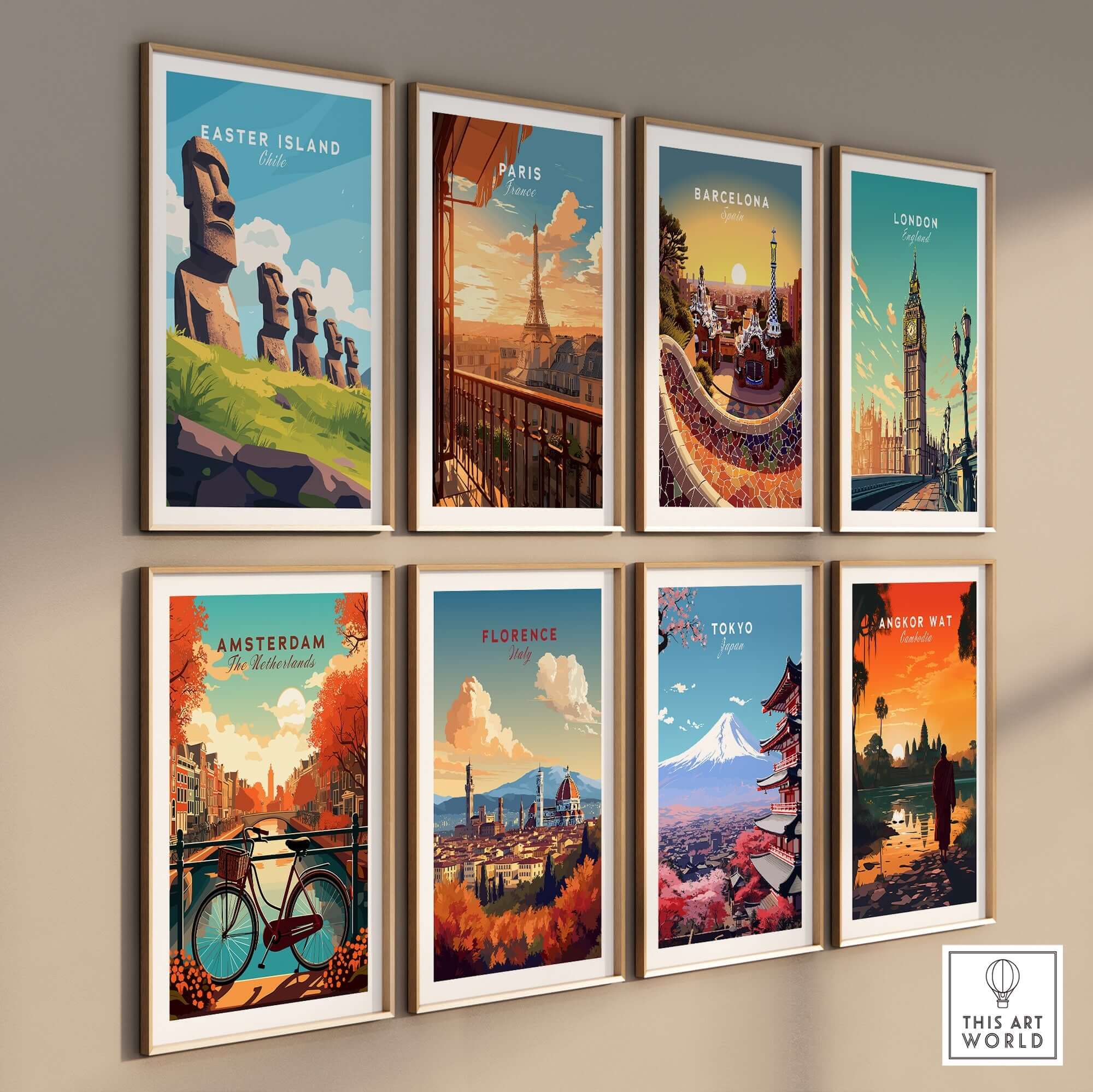 Easter Island Travel Print featuring iconic Moai statues and vibrant travel posters on a gallery wall.