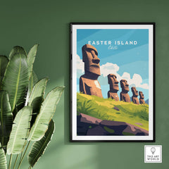 Easter Island Travel Print showcasing iconic moai statues in vibrant colors against a green background.