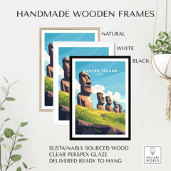 Easter Island Travel Print displayed in handmade wooden frames, perfect for travel enthusiasts.