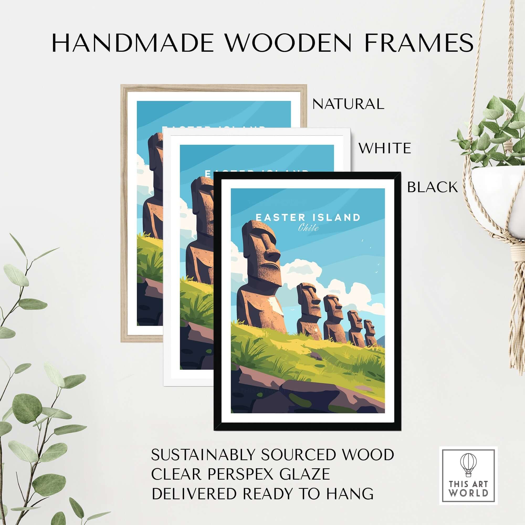 Easter Island Travel Print displayed in handmade wooden frames, perfect for travel enthusiasts.