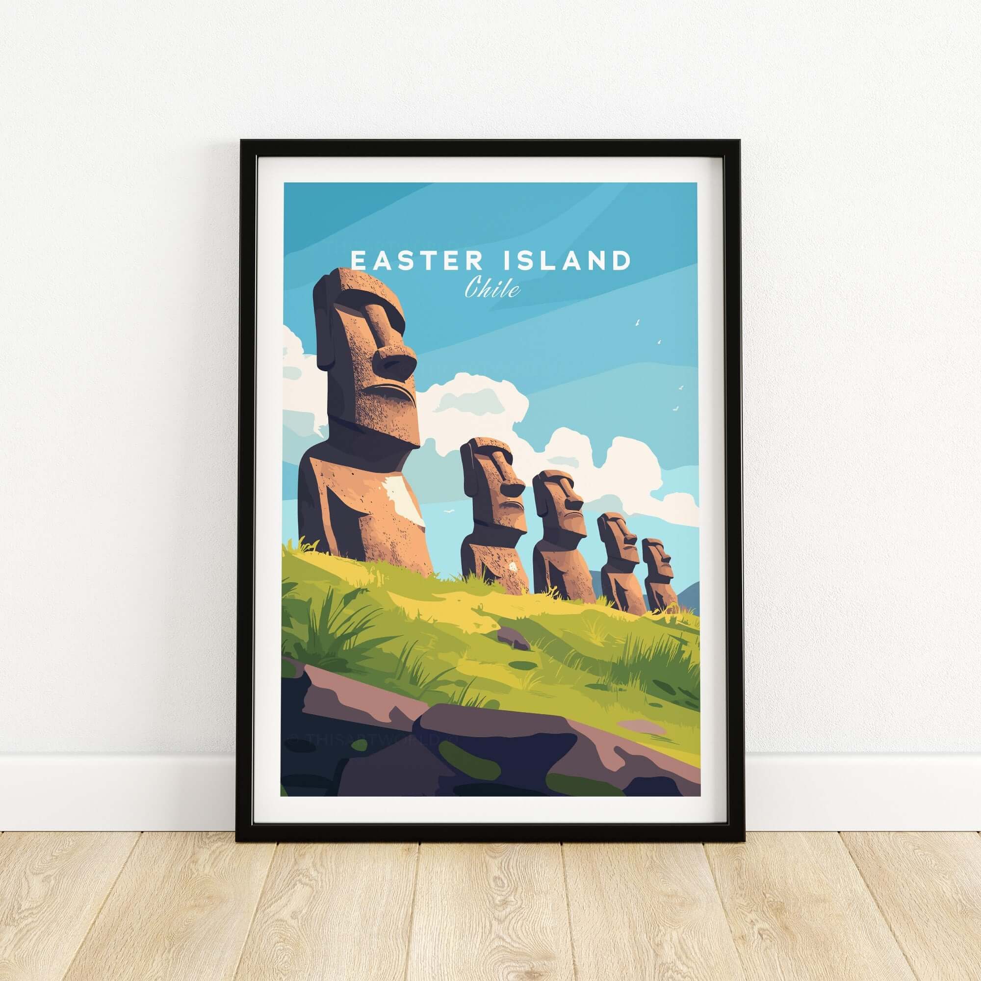 Easter Island Travel Print featuring iconic Moai statues against a blue sky, showcasing the beauty of Easter Island.