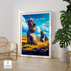 Easter Island Wall Art displayed in a cozy living room setting with vibrant colors and iconic Moai statues.