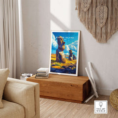 Easter Island Wall Art showcasing Moai statues in a stylish living room setting with natural decor.
