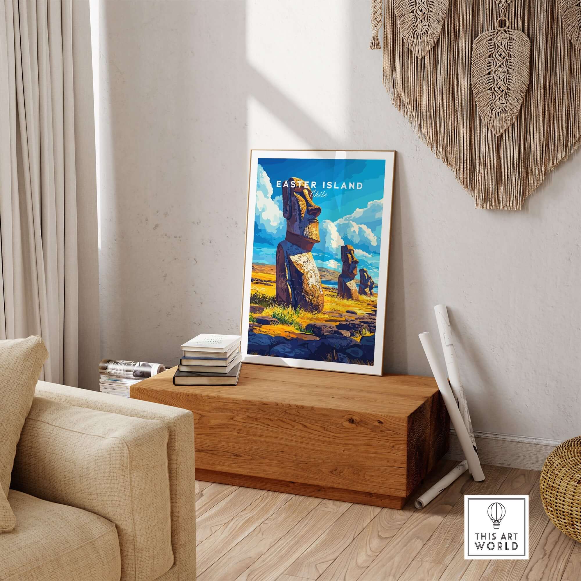 Easter Island Wall Art showcasing Moai statues in a stylish living room setting with natural decor.
