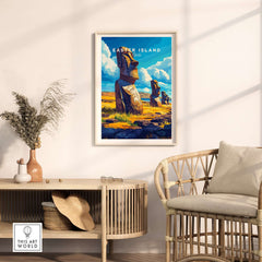 Easter Island Wall Art featuring Moai statues in a vibrant living room setting.