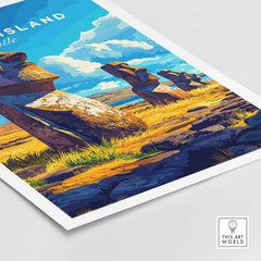 Easter Island Wall Art featuring Moai statues in a vibrant landscape with clouds and grass.