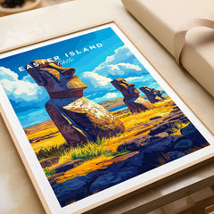Easter Island Wall Art featuring Moai statues and vibrant colors in a framed artwork design.