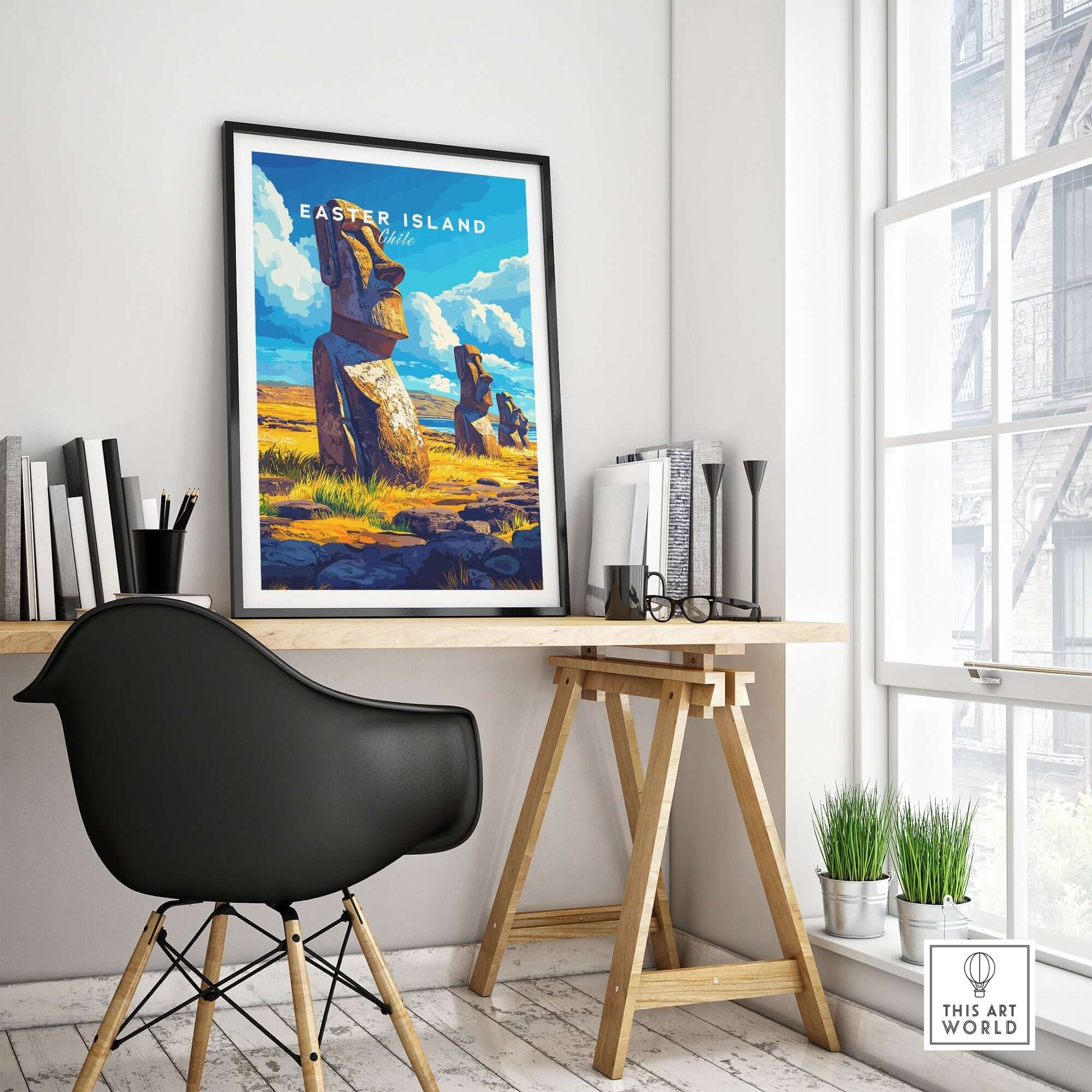 Easter Island Wall Art displayed in a modern interior, showcasing iconic Moai statues and vibrant colors.